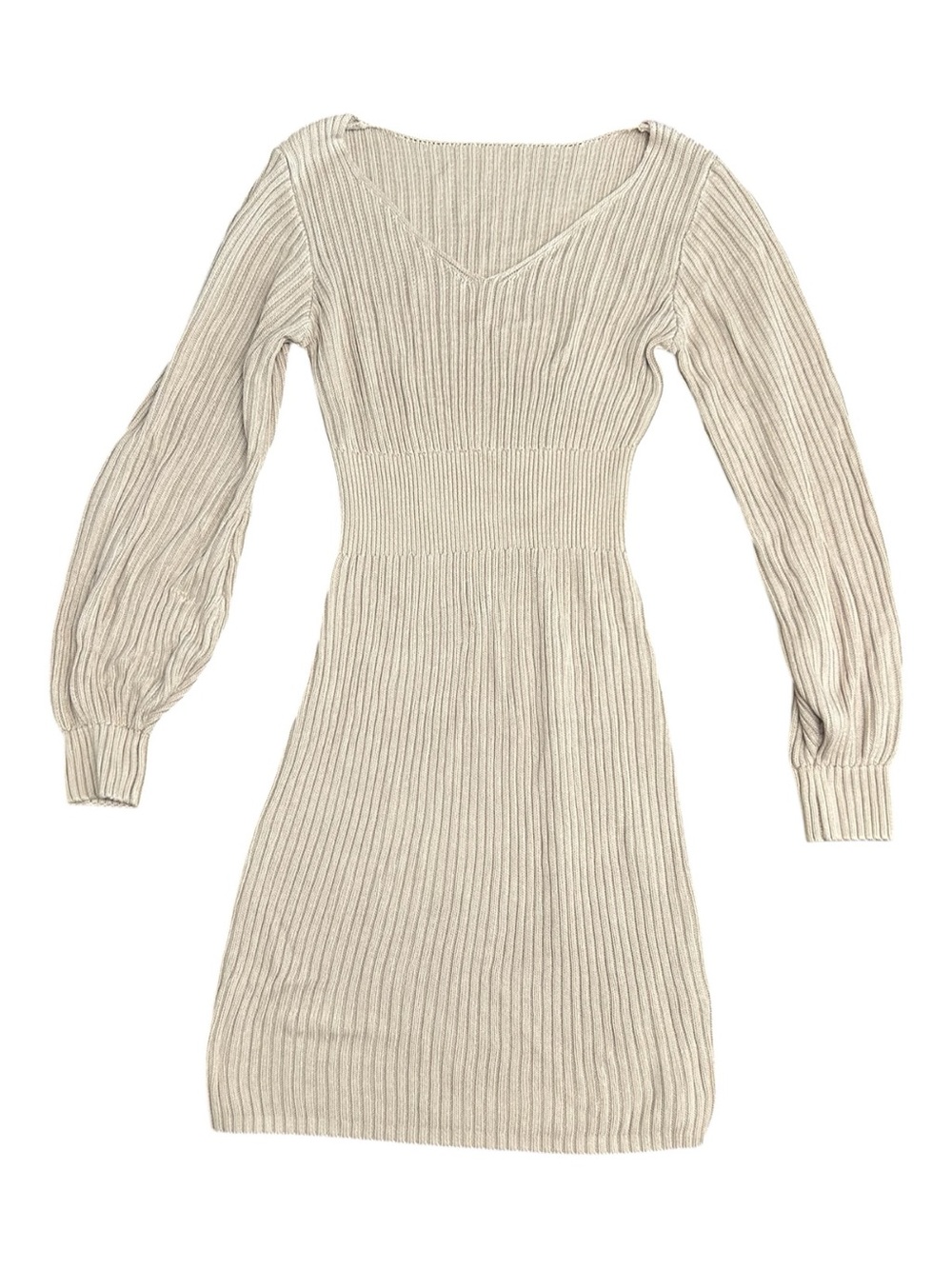 Ribbed Knit V-Neck Long Sleeve Sweater Dress in Beige Size M